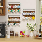Rustic Wood Coffee Mug Rack - Wall Mount Cup Holder Shelf Storage for Kitchen, Home, Bar, Office (4 Pack, Holds 32 Mugs)