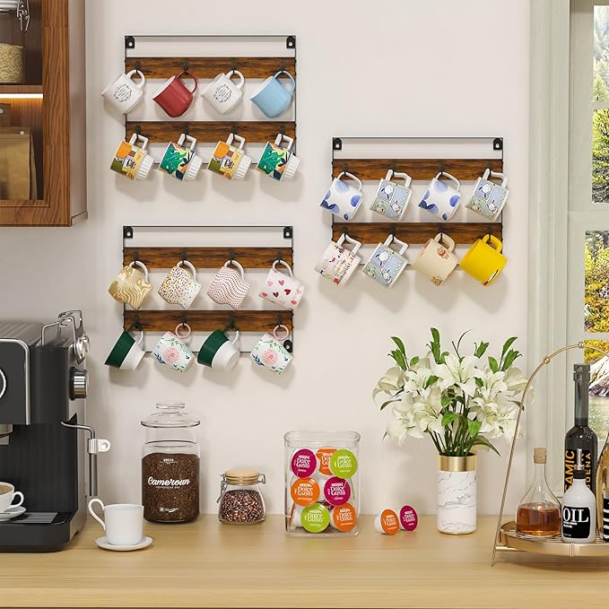Mug Racks for Wall, Coffee Mug Holder Wall Mount Up to Hold 24 Mugs, Coffee Mug Rack Wall Mounted（3Pack） for Kitchen, Home, Coffee Bar, Rustic Wood and Iron