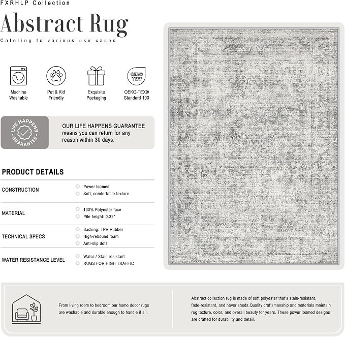 5x7 Area Rug Living Room: Modern Washable Soft Carpet Black Grey | - Image 3