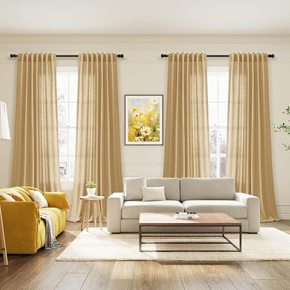 Gold Yellow Linen Curtains 102 Inches Long Rod Pocket Back Tab Drapes 2 Panels - Image 7