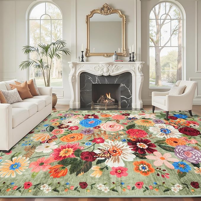 Floral Area Rugs 5x7 for Bedroom Livingroom Green Non-Slip | Ultra-Thin Soft - Image 2