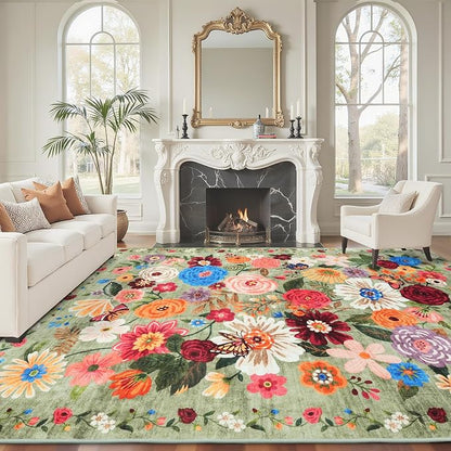Floral Area Rugs 5x7 for Bedroom Livingroom Green Non-Slip | Ultra-Thin Soft - Image 2