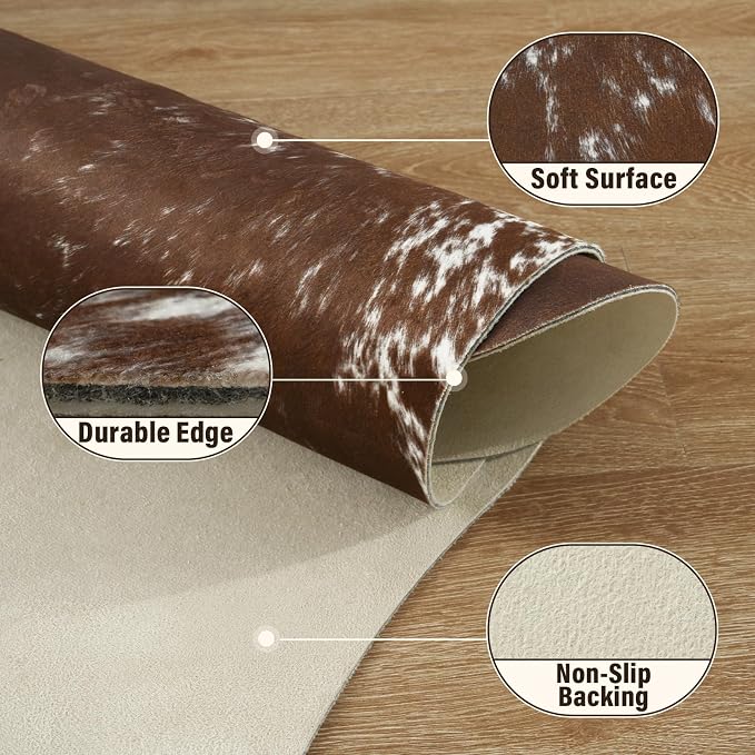 Faux Cowhide Rug, Animal Cow Hide Rug, 4.6 x 5.2 Ft Spotted Brown | Premium - Image 3