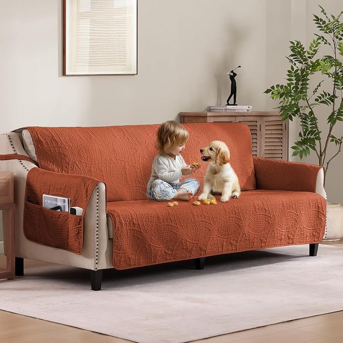 Burnt Orange Sofa Covers with Pockets, Anti-Slip Medallion Couch Covers by Pamhaven