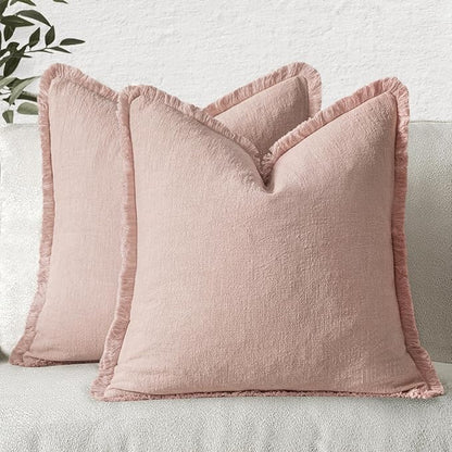 MIULEE Boho Linen Fringe Decorative Throw Pillow Covers Light Pink 20x20 | Set - Image 7