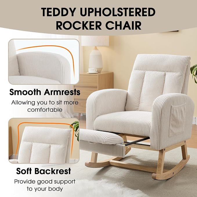 NIOIIKIT Nursery Rocking Chair, Corduroy Upholstered Rocking Chair - Image 6