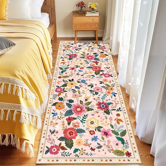 Floral Washable 2x6 Area Rugs Runner Entryway Hallway Pink | Flower Carpet by RELEANY