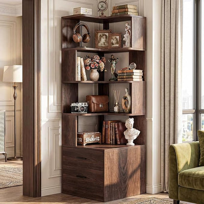 Armocity Corner Bookshelf with Drawers, 7 Tier Corner Book Shelf Display by Armocity