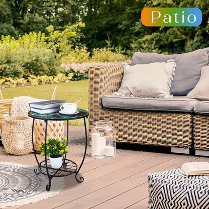Cinnvoice Outdoor Side Table Round Small Mosaic Patio Accent Indoor End Plant - Image 2