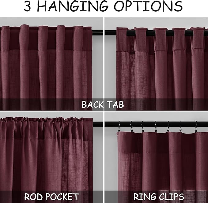 Burgundy Linen Curtains 84 Inch Length 2 Panels Set - Image 2