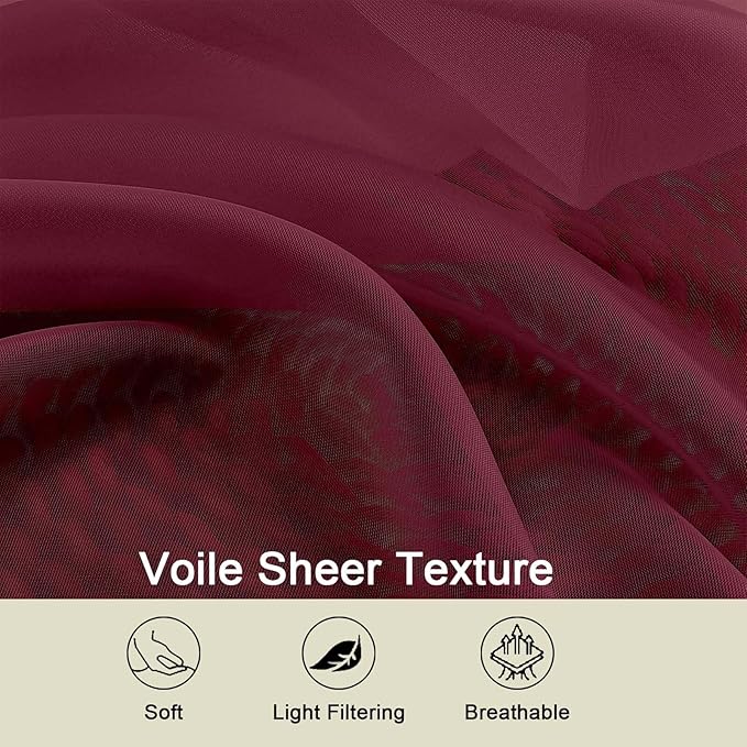 Kitchen Curtains 24 Inch Length Tier 2 Pieces, Burgundy Sheer Curtain Solid - Image 3