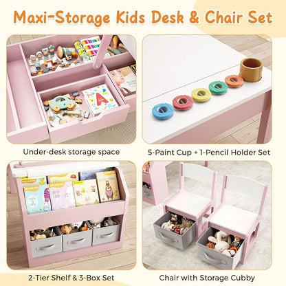 5-in-1 Kids Art Table and Chairs, Wood Toddler Table and Chair Set - Image 6