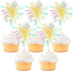 30 PCS Foil Firework Cupcake Toppers Sparkle Tinsel Cupcake Picks Happy Birthday Cake Decorations Drink Stirrers Cocktail Food Fruit Toothpicks for Baby Shower Graduation Party Supplies Yellow