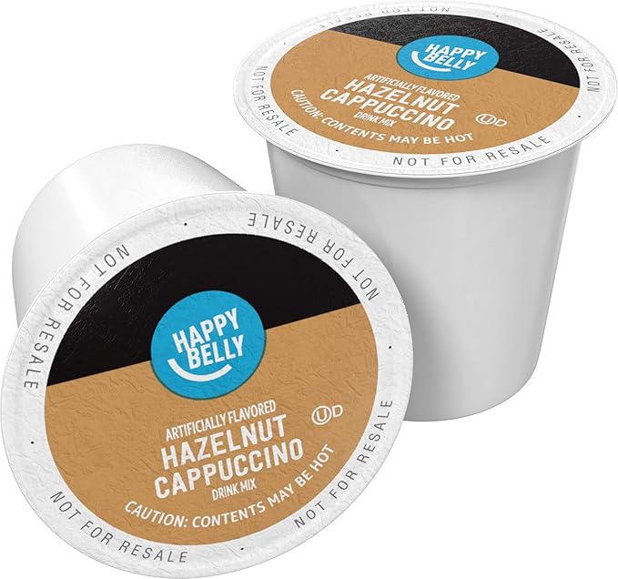 Amazon Brand - Happy Belly Light Roast Cappuccino Coffee Pods, Hazelnut Flavored, Compatible with K-Cup Brewers, 24 Count (Pack of 2)
