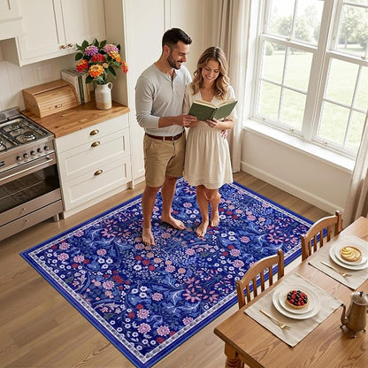 PLHXFR Area Rug Living Room: 3x5 Floral Washable Boho Soft Carpet Blue | - Image 3