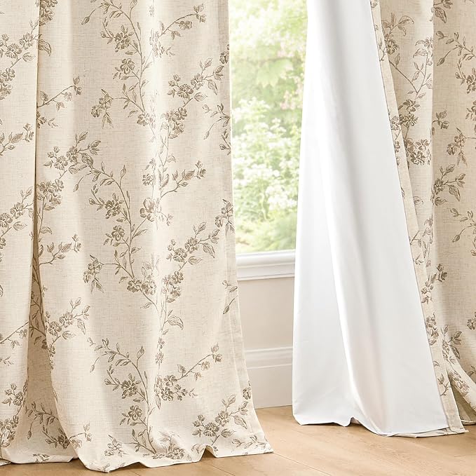 Extra Long Floral Linen Curtains Taupe on Beige 50×108 2 Panels | Elisa Series - Image 9