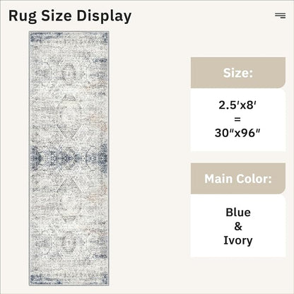 Soalmost Washable Runner Rug 2'6"x8' Kitchen Hallway Runners Blue/Ivory | Soft - Image 5
