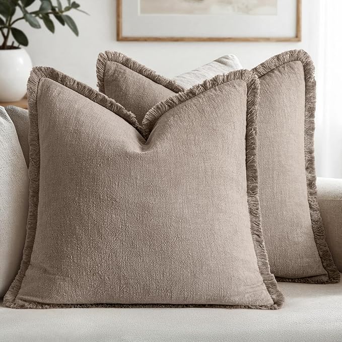 MIULEE Linen Fringe Decorative Fall Euro Throw Pillow Covers Dune 24x24 | Set by MIULEE