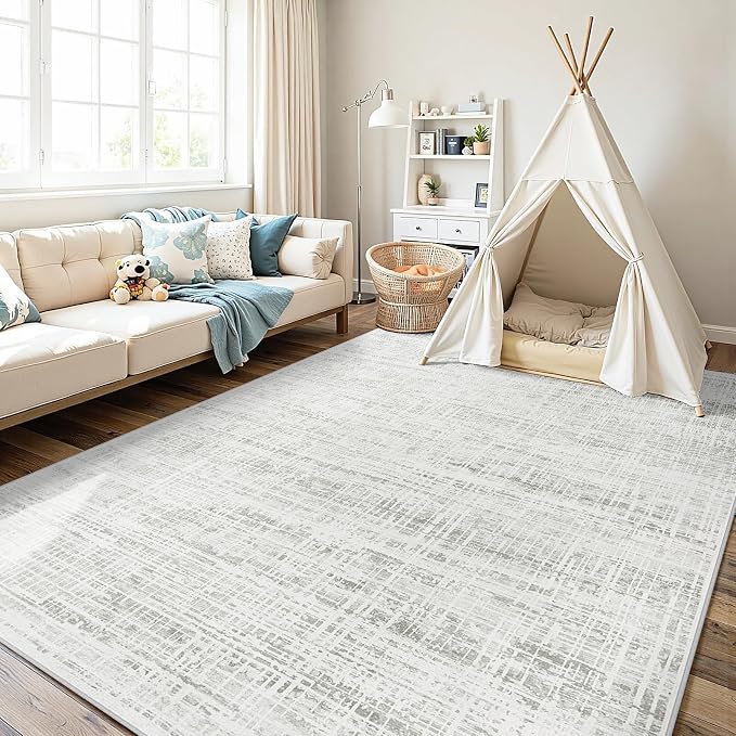 4x6 Washable Area Rug for Living Room Bedroom: Non-Slip Modern White Gray | - Image 8