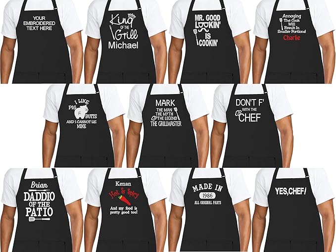Personalized Chef Apron for Men, Custom Embroidered Design, Professional Kitchen Cooking BBQ Grilling for Dad, Decorated in USA