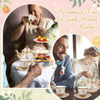 Maxcheck 21 Pcs Tea Party Set for Adults European Floral Tea Set with Metal Holder and 3 Tier Ceramic Cake Stand Porcelain Flower Cup Teapot for Dessert Cupcake(Stylish Style)