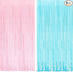BRAVESHINE Tinsel Photo Backdrop Curtains - 2 Pack 3.2x8.2ft Pastel Pink Blue Foil Fringe Streamer Curtain for Boy or Girl Birthdays Sweet Donuts Easter Party Decorations