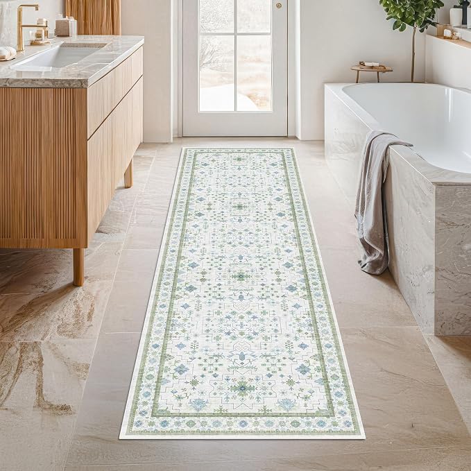 Washable Oushak 2x6 Bathroom Runner Rug, Eclectic Boho Floral Pastel, Non Slip by HazoHaus