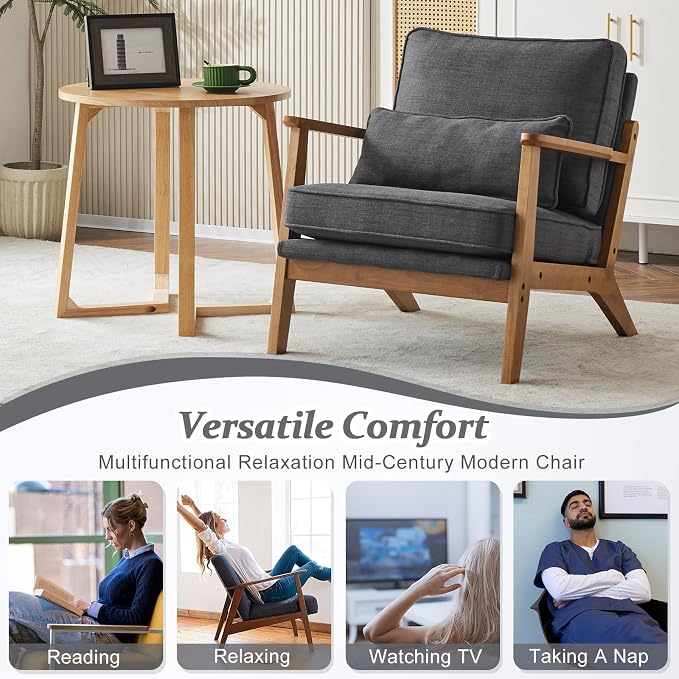 VINGLI Solid Wood Wide Armrests Accent Chair Set of 2, Upholstered Mid Century - Image 6