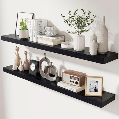 fuqing Black Floating Shelves 48 Inch, Solid Wood Wall Mounted Shelves Set of 2 - Image 7