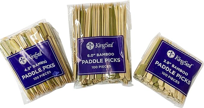500 Count | KingSeal Natural Green Bamboo Wood Paddle Picks, Skewers for Appetizers and Cocktails, 3.5 Inches, Bulk Pack - 5 Packs of 100