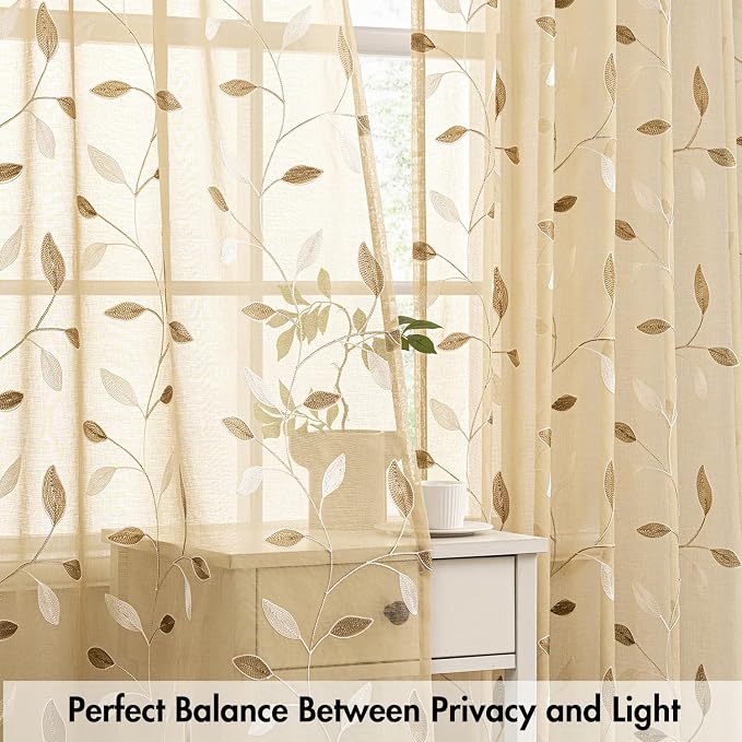 MIULEE Khaki Sheer Curtains 2 Panels Embroidered Leaf Patterned, W52 x L96 | - Image 5