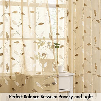 MIULEE Khaki Sheer Curtains 2 Panels Embroidered Leaf Patterned, W52 x L54 | - Image 5
