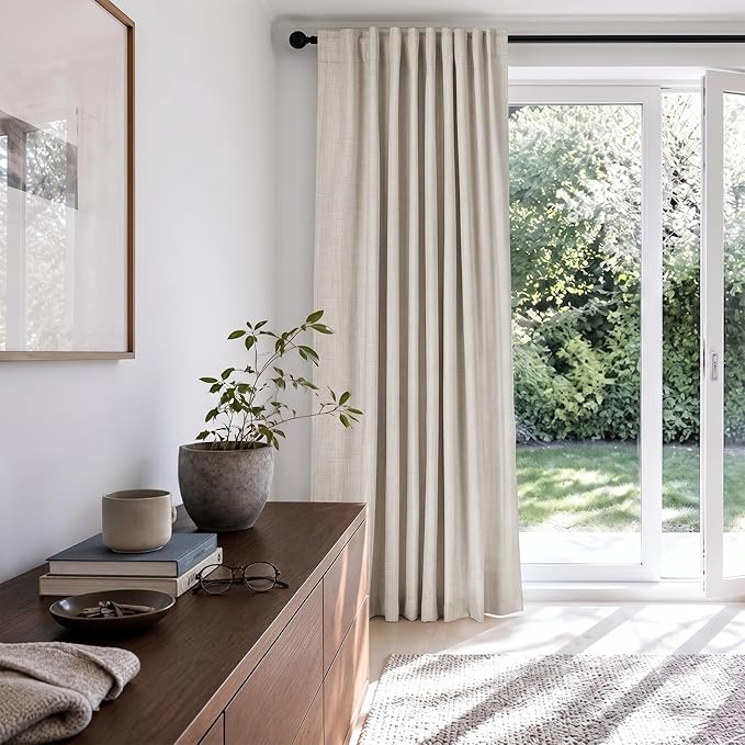 Linen Textured Total Blackout Sliding Door Curtains 90 Inches Long, Cream | - Image 6