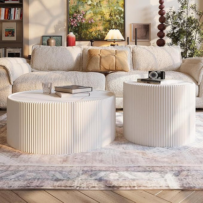 SSLine Round Drum Coffee Table Modern Sintered Stone Top Coffee Table in White - Image 5