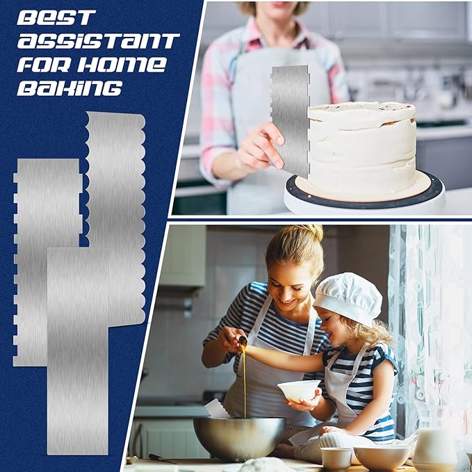 Yinkin 3 Pcs 12 Inch Cake Scraper Smoother Stainless Steel Cake Scraper Metal Large Double Sided Patterned Edge Decorating Comb Icing Smoother for Mousse Butter Cream Dessert Decoration