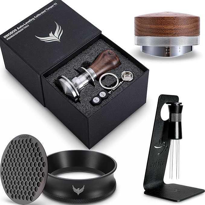 58mm Espresso Must Haves Tools Portafilter Funnel, Self Leveling Tamper, Coffee Distributor, Espresso Needle Whisk and Puck Screen