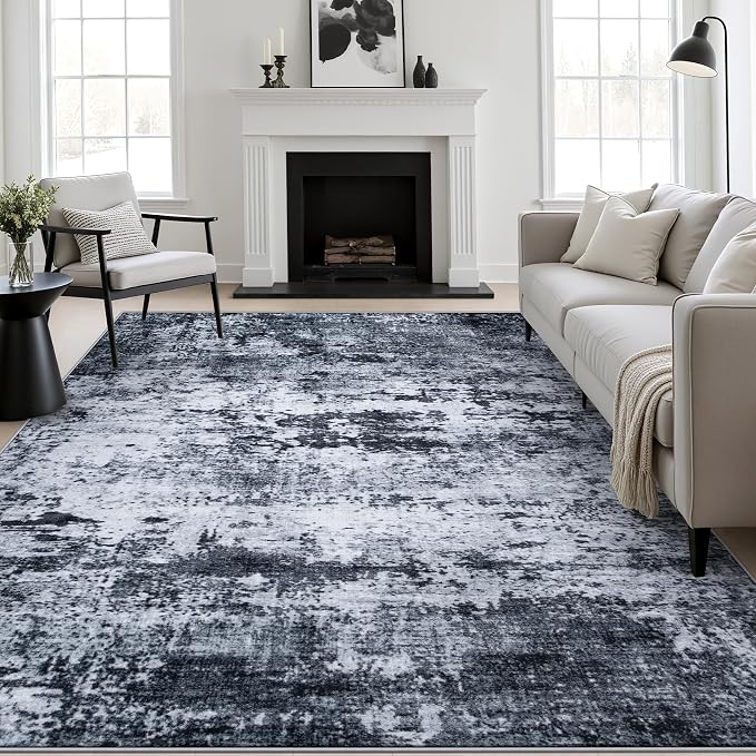 5x8 Area Rug Living Room: Modern Washable Indoor Carpet Black | by FXRHLP