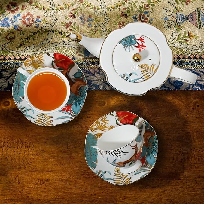 ACMLIFE Tea Cups and Saucers for 1, Bone China Teacup Set for Adults with Gold Trim and Gift Box, Deer Chinese English British Wedding Tea Set for One Coffee Cup Set 6.8 oz (Red-Deer)