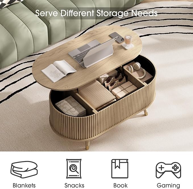 SULIVES Oval Coffee Table with Storage, Small Fluted Center Table - Image 3