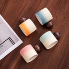 Ceramic Mini Espresso Cups Demitasse Cups with Round Wooden Handle Vertical Stripes Tea Cups (Beige&Green, 4pcs)