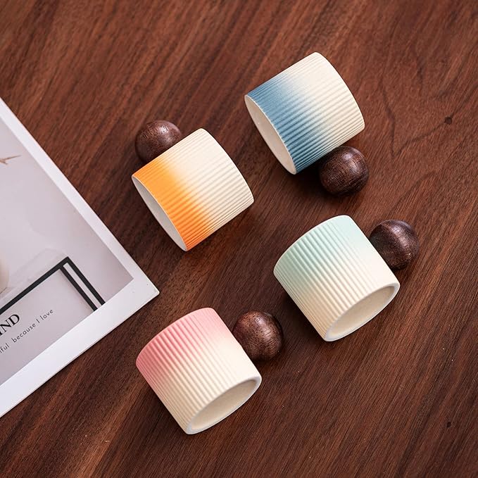 Ceramic Mini Espresso Cups Demitasse Cups with Round Wooden Handle Vertical Stripes Tea Cups (Beige&Green, 4pcs)