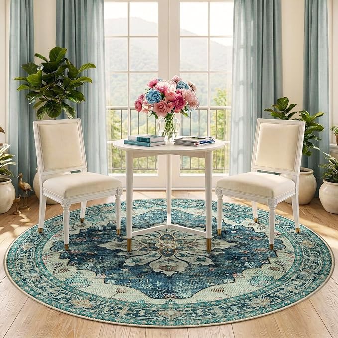 RELEANY Washable Area Rug, Round 6ft, Water Repellent, Pet Friendly, Vintage - Image 2