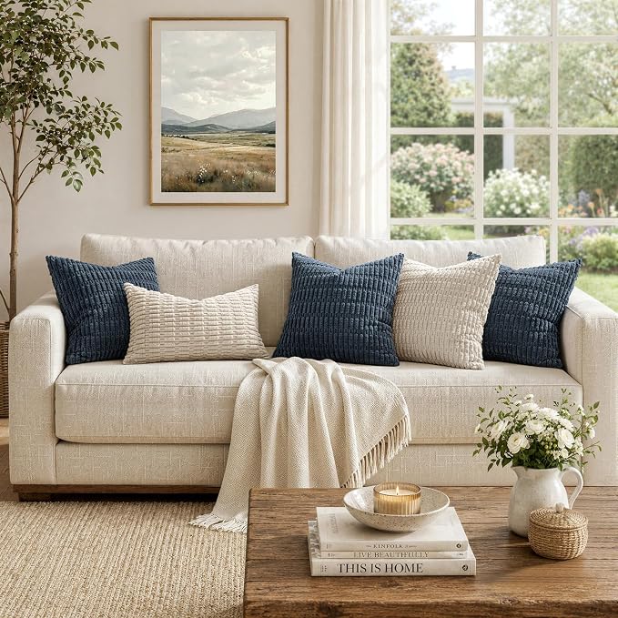 MIULEE Corduroy Decorative Throw Pillow Covers 20x20 Blue Pack of 2 | Soft Boho - Image 3