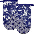 Thumb Oven Mitts, Heat and Slip Resistant Silicone Kitchen Mittens 2-Pack Set, Birds Flower Soft Long Oven Gloves, Flexible Thick Potholders for Safe Baking Cooking and Grilling (Navy)