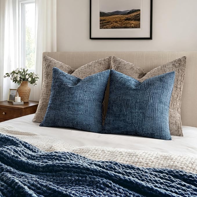 MIULEE Chenille Textured Throw Pillow Covers Blue Ashes 18x18 Set of 2 | Slubby - Image 4