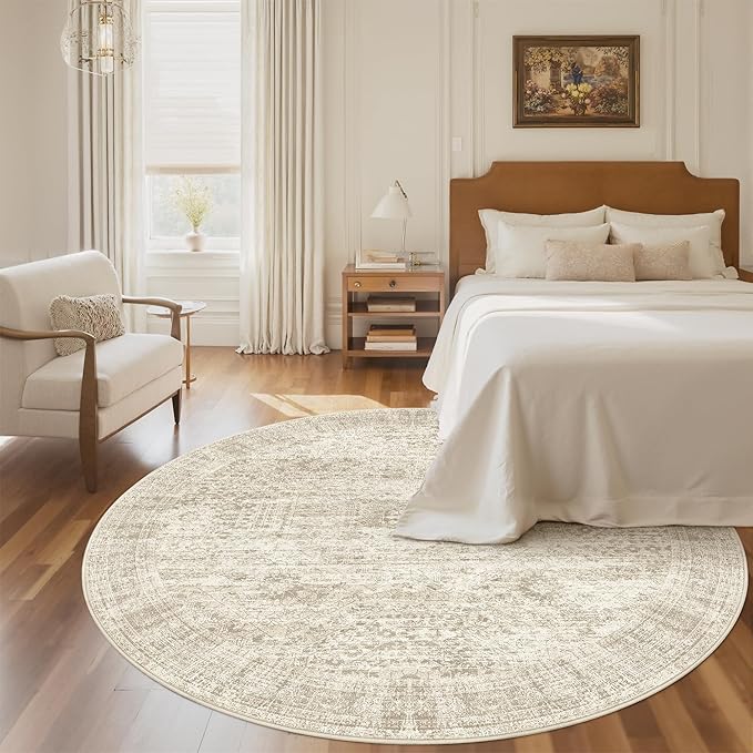 Soalmost 6x6 Beige Round Rug 6ft Circle Living Room Area Rugs Non-Slip | - Image 3