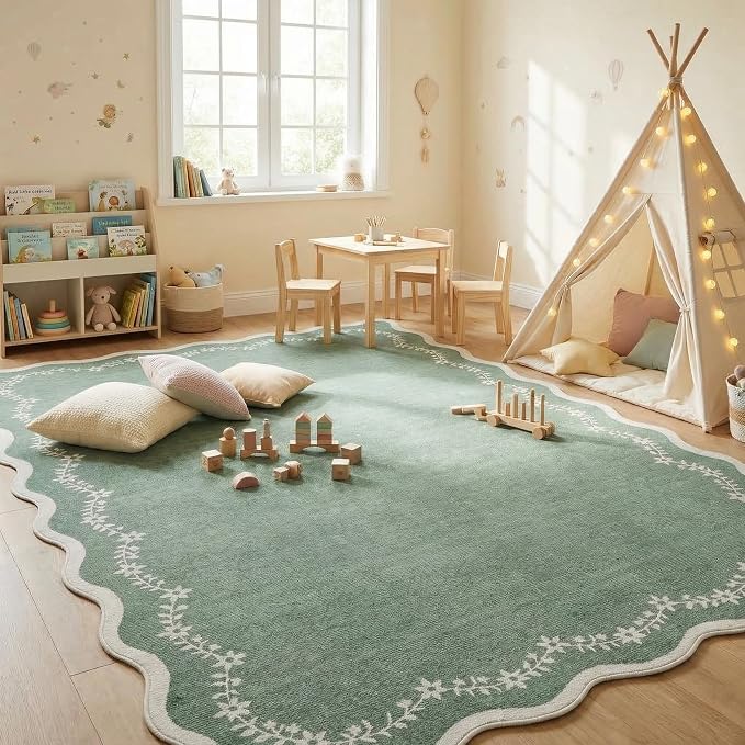 GarveeHome 4x6 Scalloped Washable Area Rug Sage Green Nursery Bedroom Rug | by GarveeHome