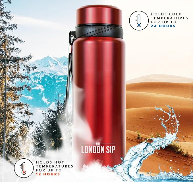 London Sip 25 oz Multi-Function Travel Mug and Tumbler Tea Infuser Water Bottle Fruit Infuser Flask Hot and Cold Double Wall Stainless Steel Coffee Thermos, Sacred Red, Pack of 2