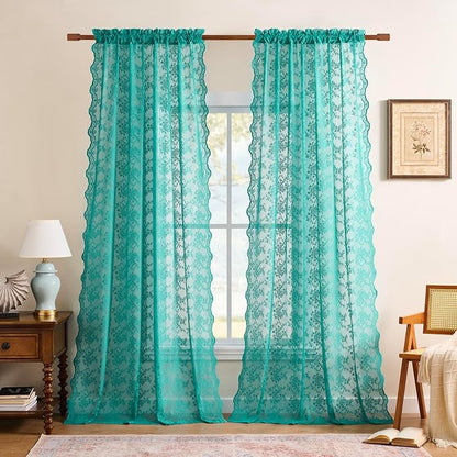 YJ YANJUN Vintage Lace Curtains 84 Inches Long-Victorian Floral Teal Sheer - Image 2