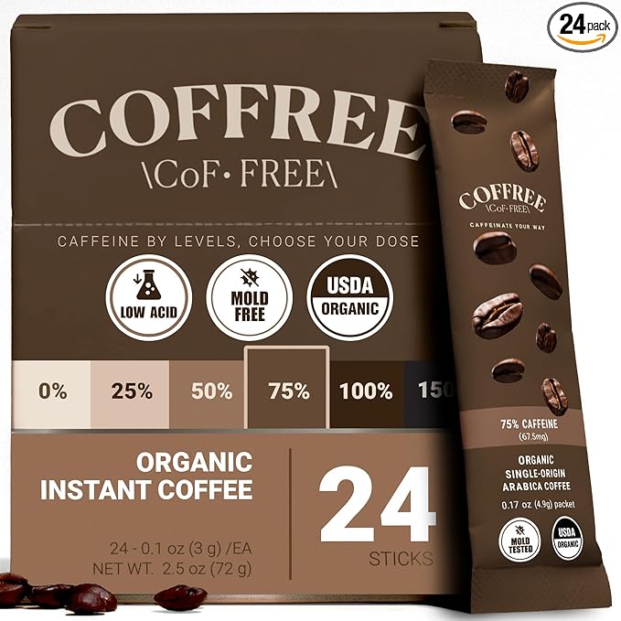 COFFREE Organic Instant Coffee Packets - 75% Half Caff Low Acid, Mold Free Coffee Made with Arabica Coffee Beans - Rich & Smooth Taste - Hot or Cold Single Serve Travel Packets 24 Pack Box